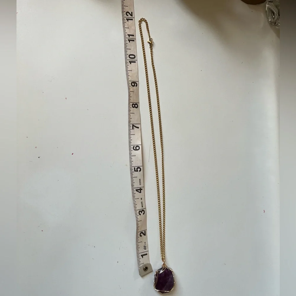 ✨ Deep Purple Fluorite Necklace • Gold Wrapped • 24" Chain ✨ - Picture 12 of 16